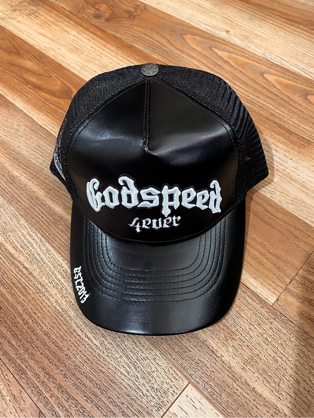 Black 'Godspeed 4ever' Leather Trucker Cap